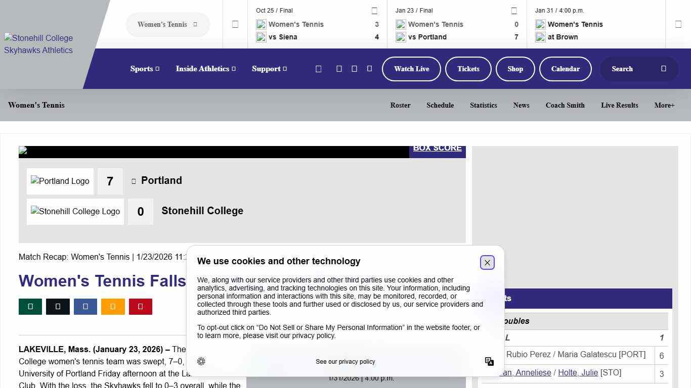 Women's Tennis Falls to Portland in 2026 Debut - Stonehill College