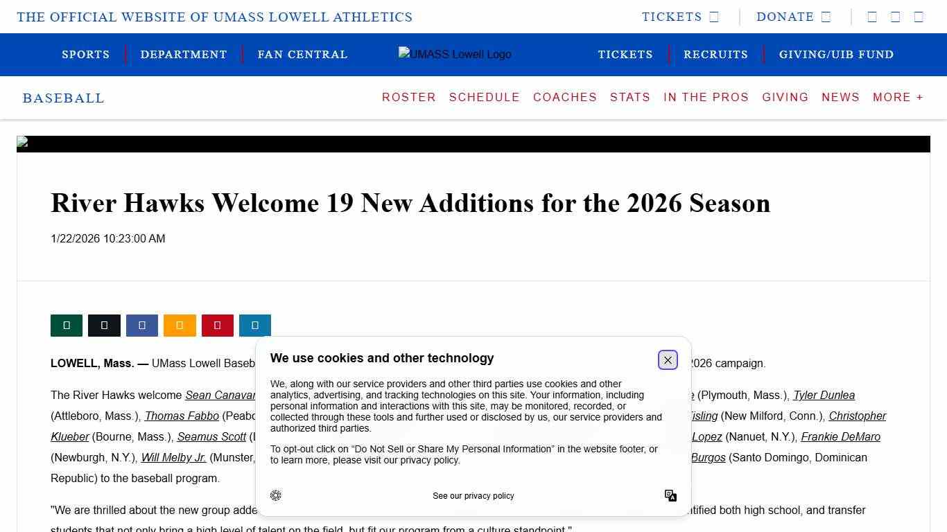 River Hawks Welcome 19 New Additions for the 2026 Season - UMass Lowell Athletics